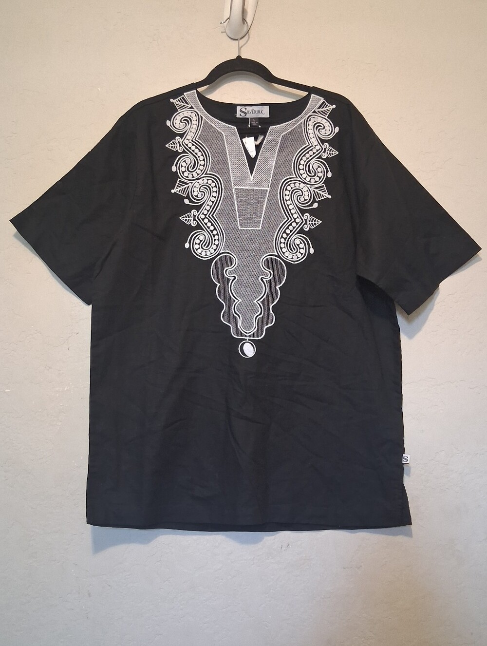 African Shirt Embroidered Dashiki Men Black-White SzL Linen-Cotton Bretheable